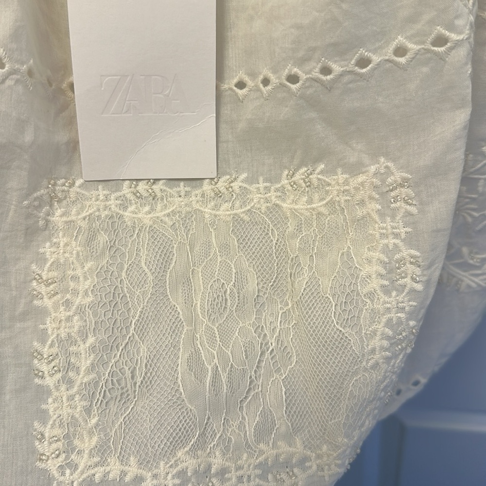 Zara Zw Collection Cream Embroidered Beaded Lace Top - Picture 5 of 10
